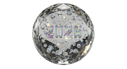A brilliant diamond sphere encasing the year 2026, sparkling with numerous facets and reflections, symbolizing a luxurious and prosperous new year or future event, isolated on transparent background
