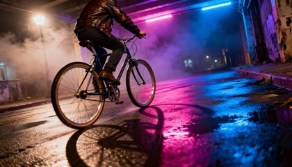 Nighttime City Bicycle Ride Under Neon Lights With Cinematic Reflections