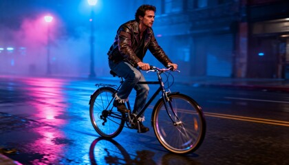 Nighttime City Bicycle Ride Under Neon Lights With Cinematic Reflections