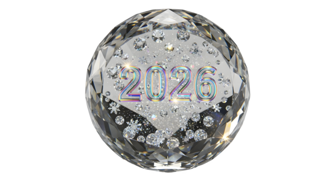 A brilliant diamond sphere encasing the year 2026, sparkling with numerous facets and reflections, symbolizing a luxurious and prosperous new year or future event, isolated on transparent background