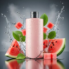 Juicy watermelon and slices with water splashes against a gray backdrop, emphasizing freshness and summer vibes.