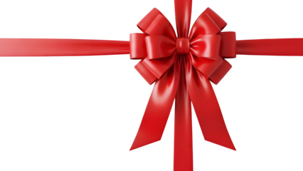 Red ribbon with bow against black backdrop. Use for holiday cards, gift tags, or advertising.