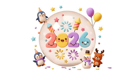 Playful 2026 new year celebration with cute claystyle numbers, festive penguins, snowman, reindeer, balloons, stars, and fireworks, isolated on transparent background