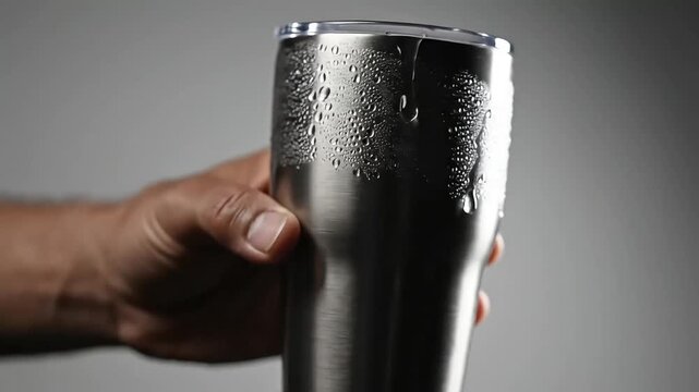 Macro shot of an aged, wrinkled hand holding and rotating a sweat-covered stainless steel travel mug or tumbler, ideal for product promotion and beverage advertising.