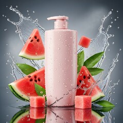 Watermelon and its slices surrounded by splashes of water on a gray surface, showcasing their bright red and green hues.