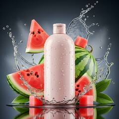  Watermelon and slices with dynamic water splashes on a gray background, capturing the essence of summer refreshment.