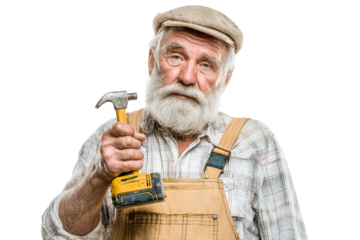 Senior sanding wood piece while learning carpentry isolated on transparent background