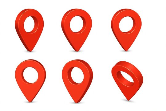 Collection of six bright red location pins or map markers isolated on a clean white background