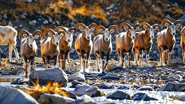 Herd of mountain sheep in rocky terrain