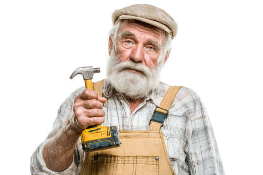 Senior sanding wood piece while learning carpentry isolated on transparent background