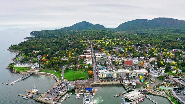 Aerial view of Bar Harbor, Maine. Bar Harbor is a town on Mount Desert Island in Hancock County, Maine and a popular tourist destination.