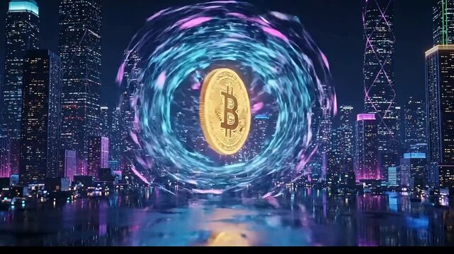Bitcoin surges in a futuristic cityscape, promising digital finance innovation and a modern cryptocurrency revolution for global markets