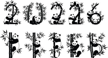 Creative 2026 New Year numbers typography with cute panda bears climbing bamboo stems, vector silhouette illustration for calendar design.