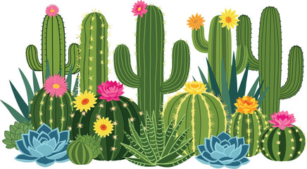 Botanical Desert Garden of Succulents and Cacti with Flowers Vector Illustration in Green Tones on Transparent Background for Design © M Rana