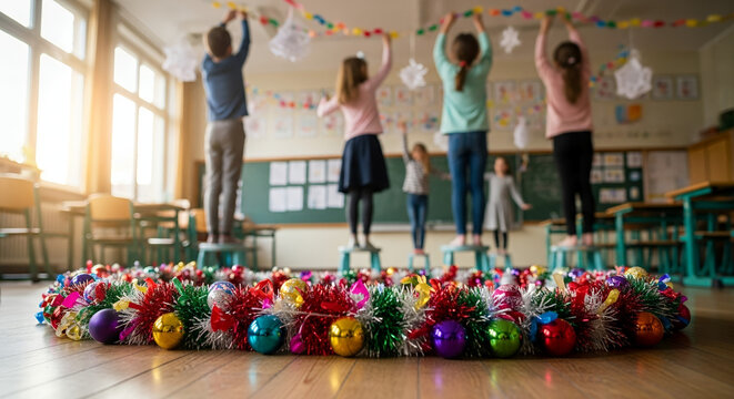 Children decorating classroom for Christmas celebration with ornaments  
