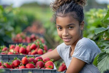 A young girl picks ripe strawberries in a berry farm surrounded by lush green plants. She smiles at the camera, enjoying the fruit-picking activity under the bright sun