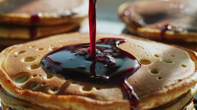 Berry syrup poured over pancakes in an extreme macro view, flowing into tiny surface pores as glossy pools form and micro bubbles rise and burst under warm morning light for a rich breakfast moment.