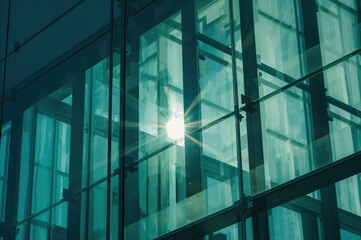 Sunlight refracting through glass curtain walls creates a painterly architectural abstraction