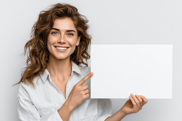 Smiling young woman pointing at a large blank white sign, standing against a light background, ideal template for adding text, logo, or advertising message.