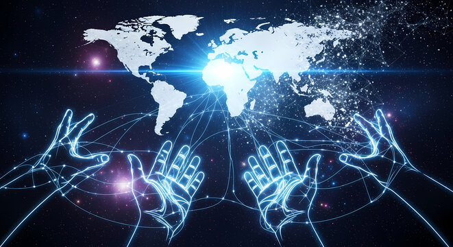 Global network connection with digital hands reaching out to the world map