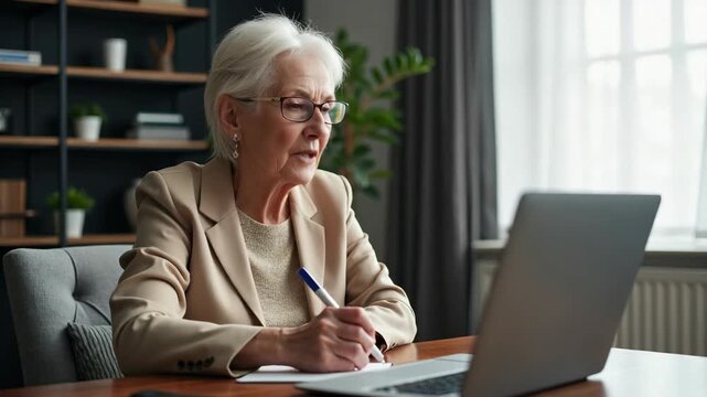 Serious mature older adult woman watching training webinar on laptop working from home or in office. 60s middle aged businesswoman taking notes while using computer technology sitt.