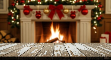 Rustic wooden table in front of a cozy christmas fireplace with glowing fire