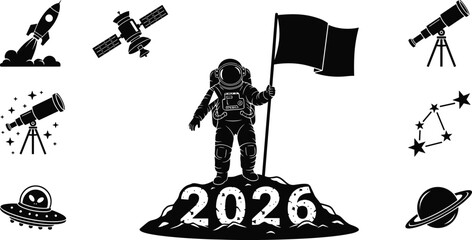 Space exploration new year 2026 concept, astronaut on moon, rocket, satellite, telescope vector icon collection, black and white silhouette set. © DesignSoul