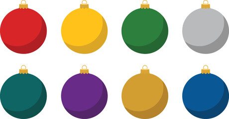 Eight colorful Christmas ornaments in a row, including red, yellow, green, silver, teal, purple, gold, and blue.