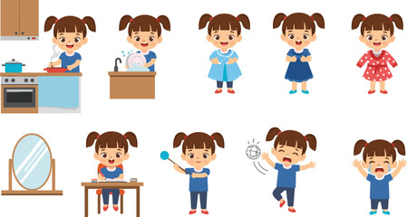 Cartoon girl emotion and activity set, cooking, cleaning, writing, singing, crying, frustration, mirror grooming, expressive character illustration
