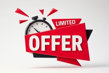 Dynamic red banner with the word offer in large white letters and a stopwatch indicating a limited time promotion