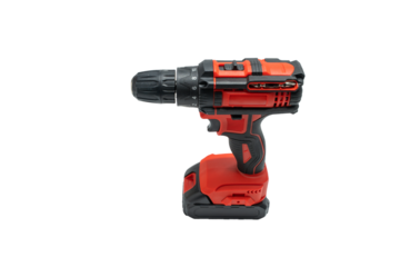 Cordless drill shown in horizontal side profile, PNG with transparent background. Clean product shot of red and black power tool.