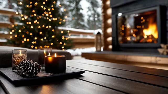 Inviting living room with a glowing fireplace, twinkling Christmas tree and flickering candles on a rustic table, creating warm, cozy holiday atmosphere for winter evenings