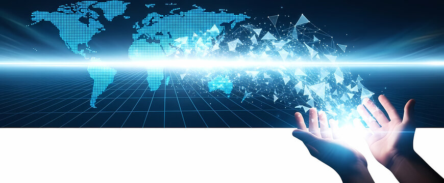 Hands holding a digital world map with glowing lights and connections isolated on white background