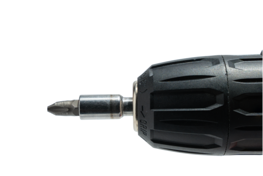 Close-up drill chuck with Phillips screwdriver bit, PNG on transparent background. Detail view for fastening, assembly, and repair.