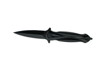 Black folding pocket knife isolated as PNG with transparent background. Sleek blade and textured handle shown in side view for gear and tool themes.