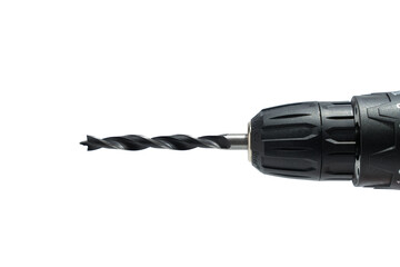 Close-up of drill chuck holding a twist drill bit, PNG with transparent background. Detail shot for drilling and woodworking concepts.