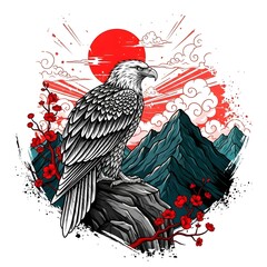 A majestic eagle resting on a rock, silhouetted against a glowing red sun.