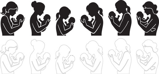 Mother and Baby Silhouette Icon Set – Maternity, Newborn Care, Motherhood Line and Solid Vector Collection