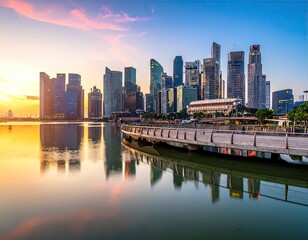 Urban Skyline at Sunset with Water Reflection