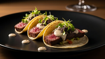 Three gourmet steak tacos with creamy sauce and microgreens served on a black plate, showcasing a refined culinary presentation.