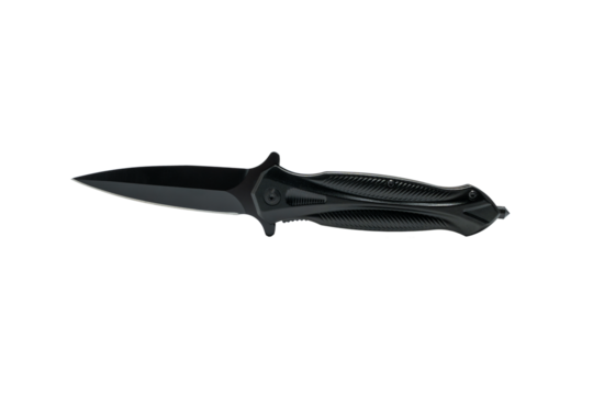 Black folding pocket knife isolated as PNG with transparent background. Sleek blade and textured handle shown in side view for gear and tool themes.