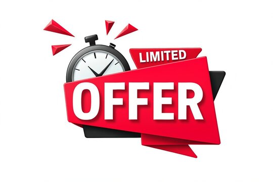 Limited offer timer concept with stopwatch and red ribbon banner for sales and promotions