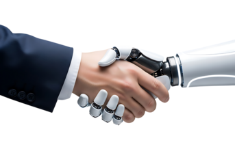 Human and robot hand shaking, future business and ai partnership isolated on transparent background