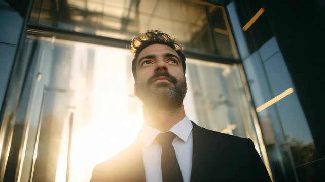 front view of a young business man wear black suit and black tie and white men long sleeve shirt, black beard, black short hair, he looks up and He squinted as the bright sunlight hit his