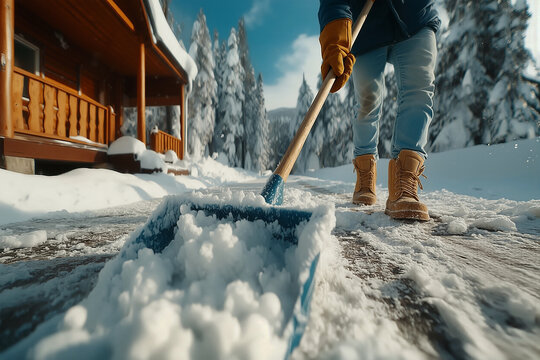 Person shoveling snow from path near cabin in winter