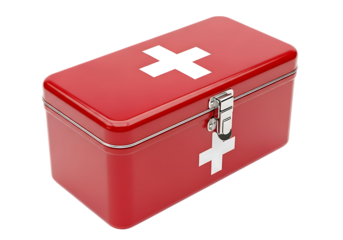Red first aid kit box for emergency medical supplies and care isolated on transparent background