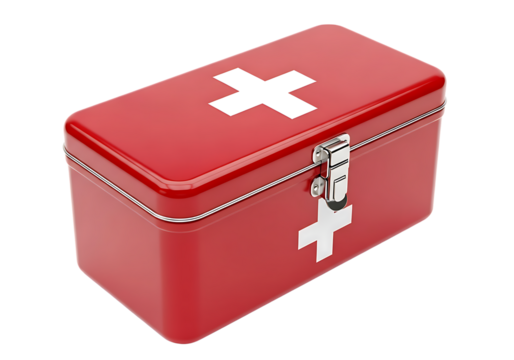 Red first aid kit box for emergency medical supplies and care isolated on transparent background