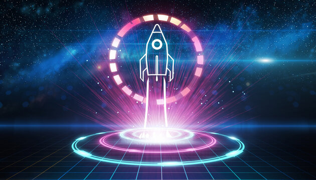 Rocket Launching into a New Era: A vibrant, neon-lit rocket blasts off, ascending through a digital matrix amidst a stunning cosmic backdrop. Evoking themes of innovation, progress, and ambition.