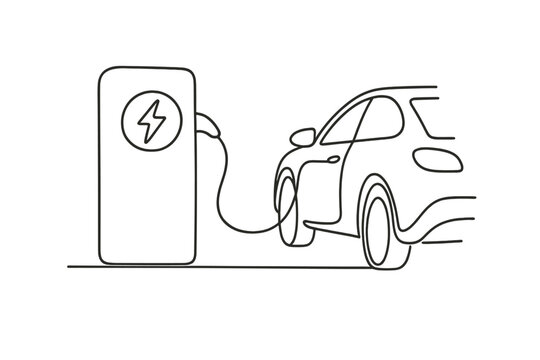 Electric car charging at station with simplified line art design - Powered by Adobe