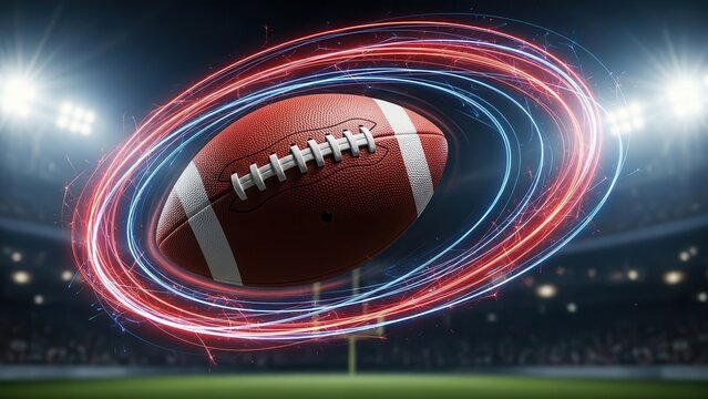American football soars through the air with dynamic light trails a vibrant sports illustration for game day promotions and athletic designs
